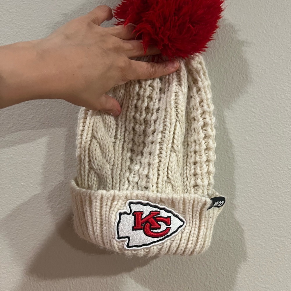 Chiefs Cream Beanie with red Pom Pom